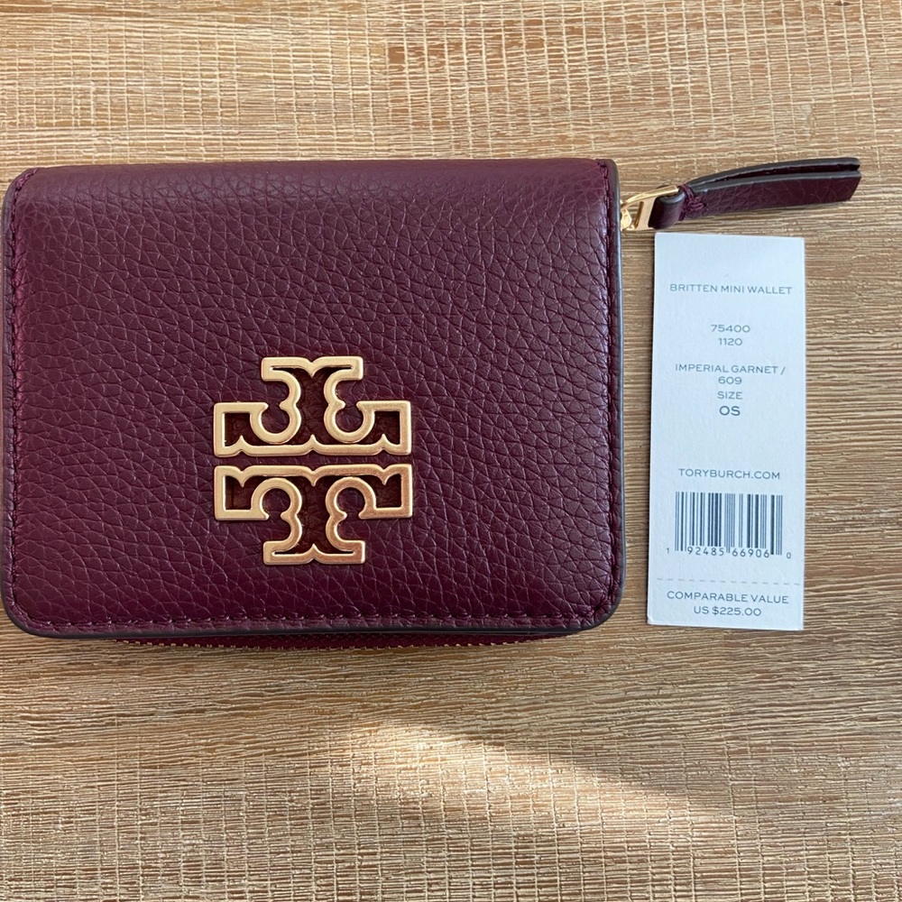 Tory Burch Imperial Garnet Mini Zip Wallet with Gold Logo